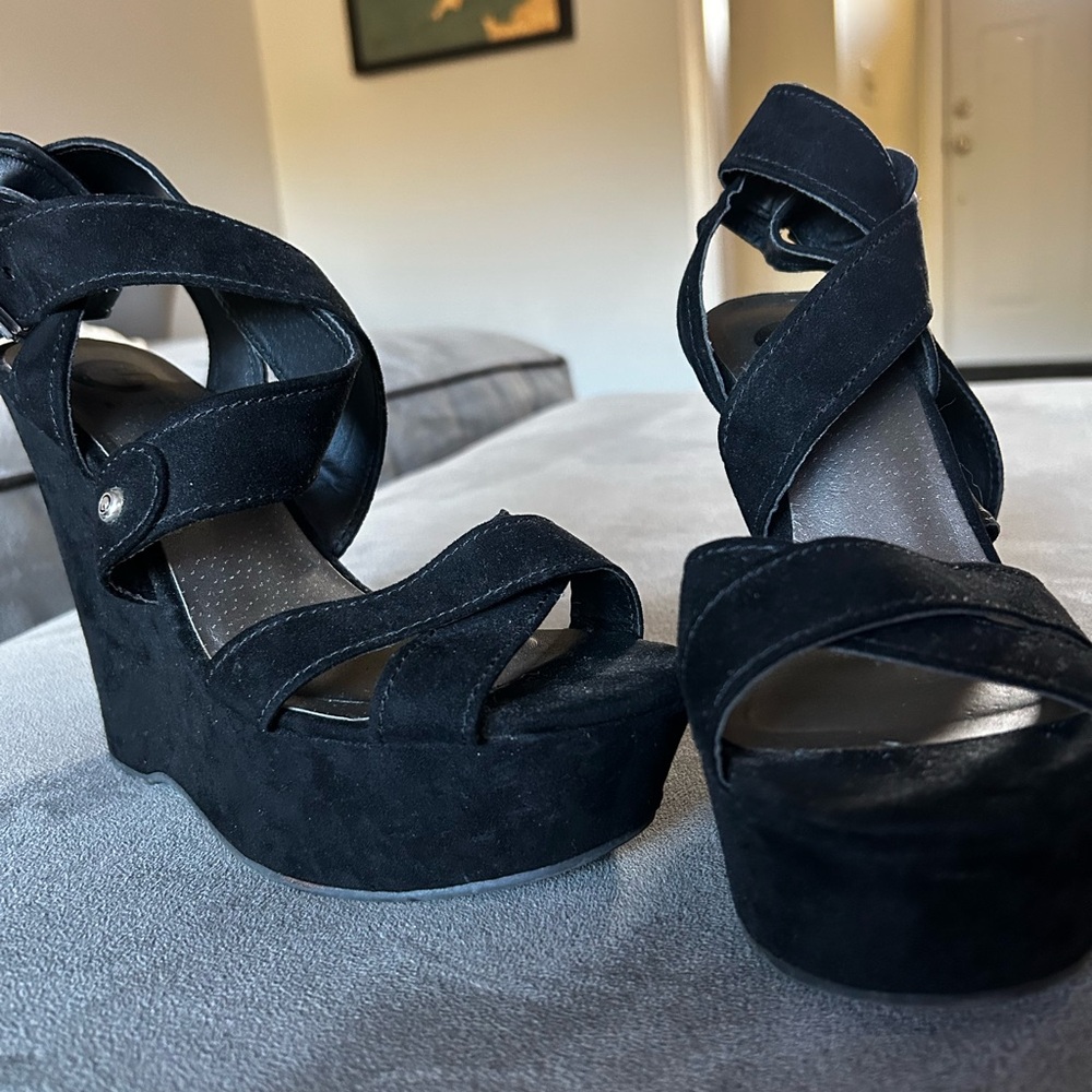 G by Guess Black Crisscross Wedges